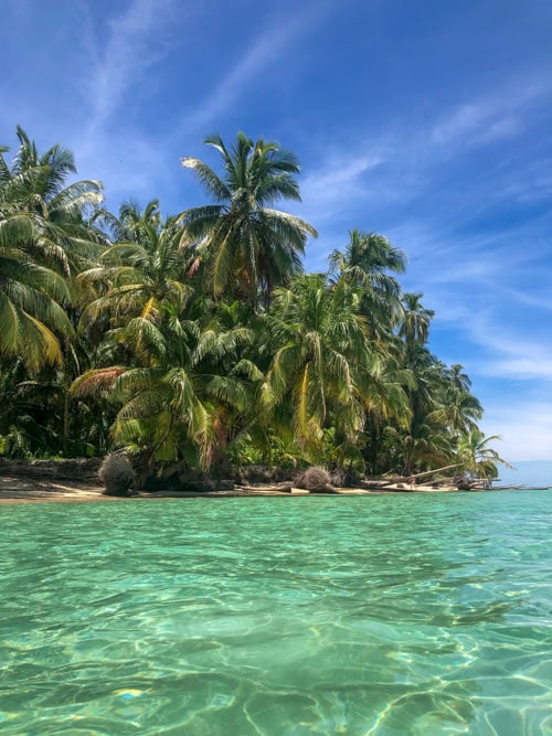 Clear turquoise water in the foreground, with a lush, green cluster of palm trees along a sandy beach under a bright blue sky with wispy clouds.
